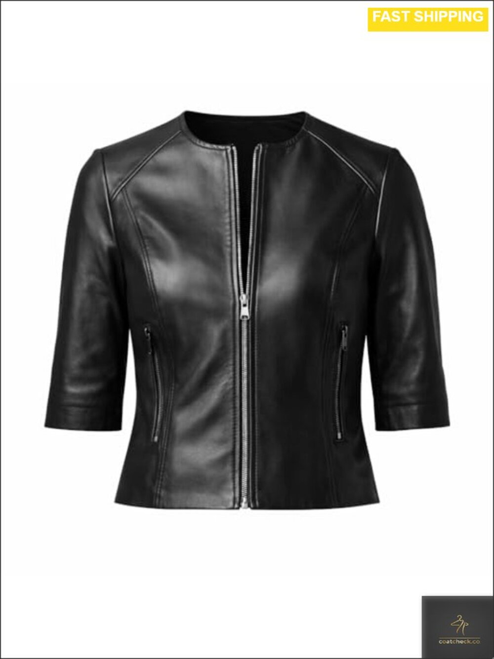 Cropped Leather Jacket Fitted Zip-Up Short Sleeve Minimalist Casual Outerwear